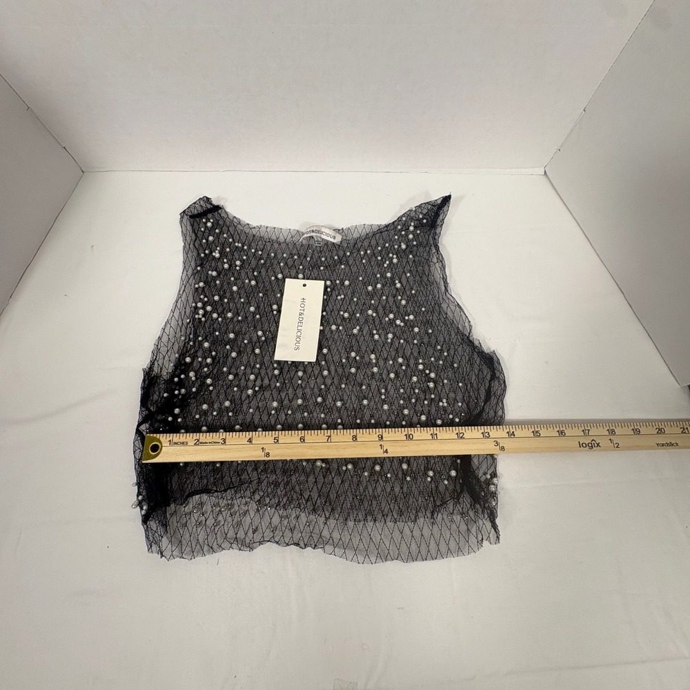 Hot & Delicious Black Mesh Pearl Rhinestone Tank Top HGT1057 Large NWT - Picture 7 of 10